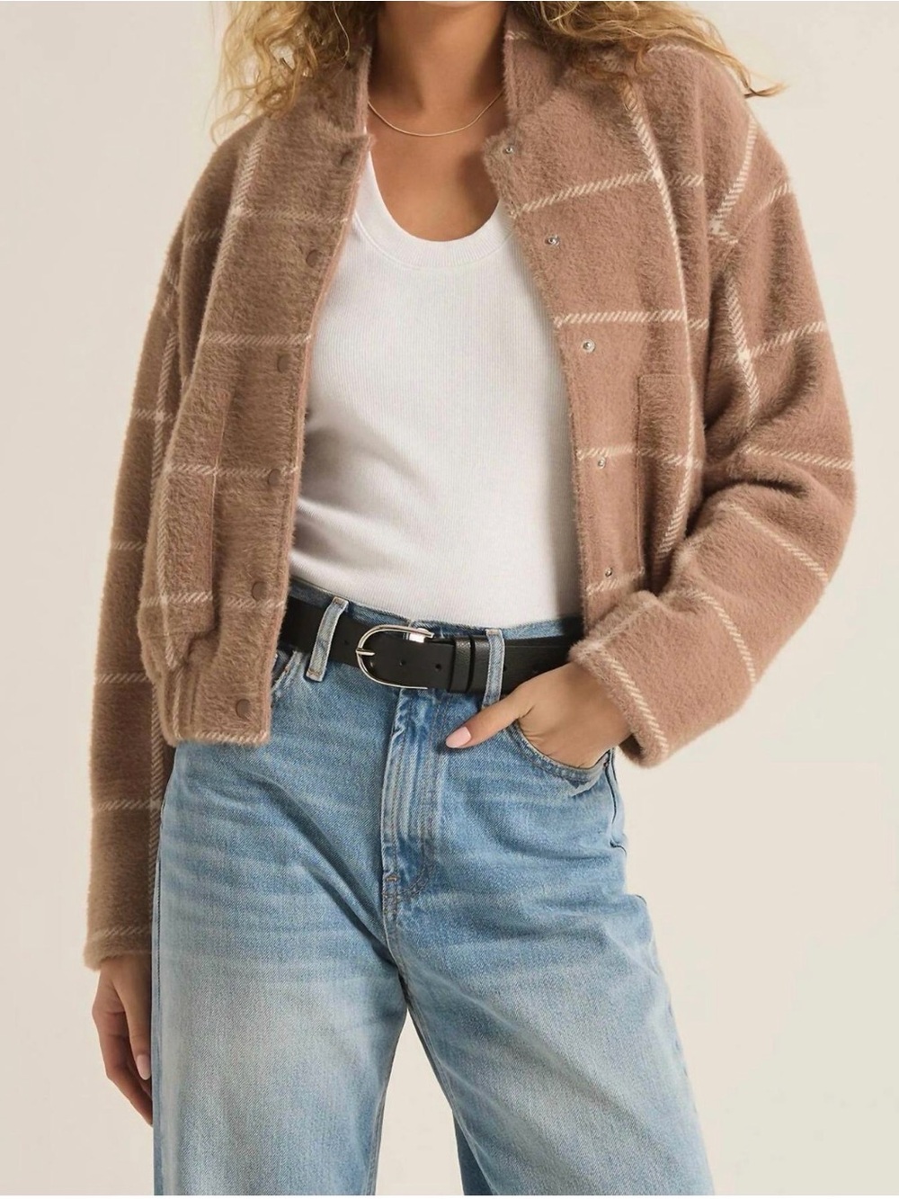 Z Supply Tan and White Windowpane Bomber Jacket